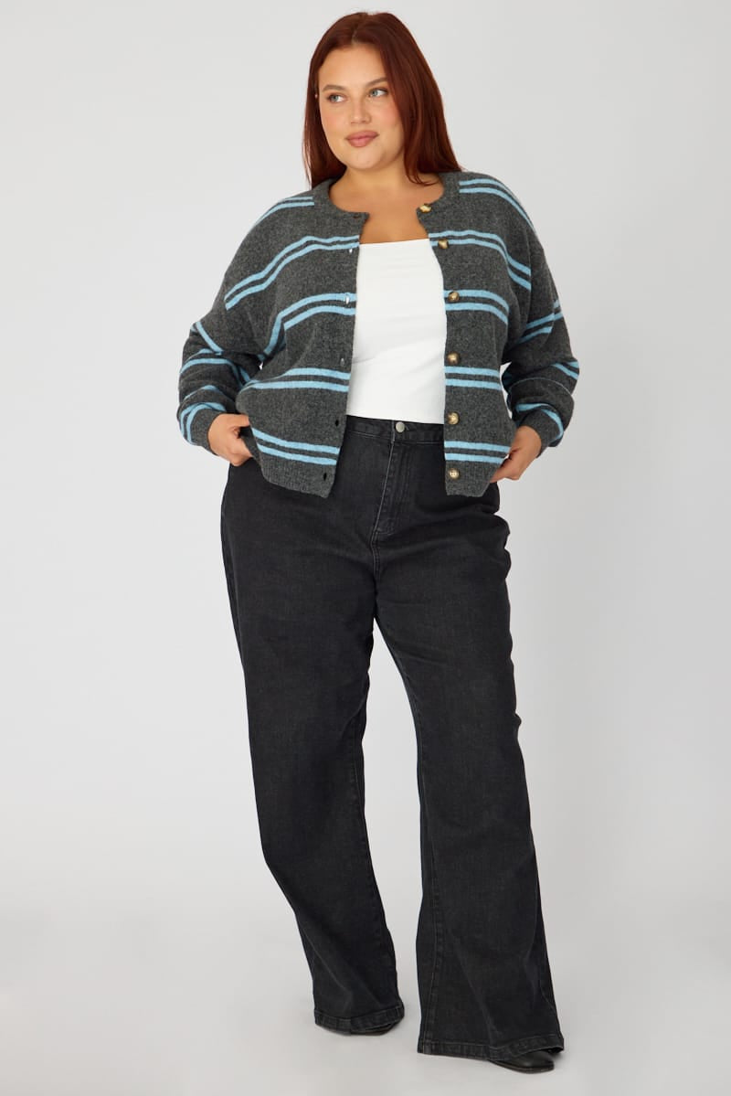 Grey Stripe Knit Cardigan Long Sleeve Button Front for YouandAll Fashion