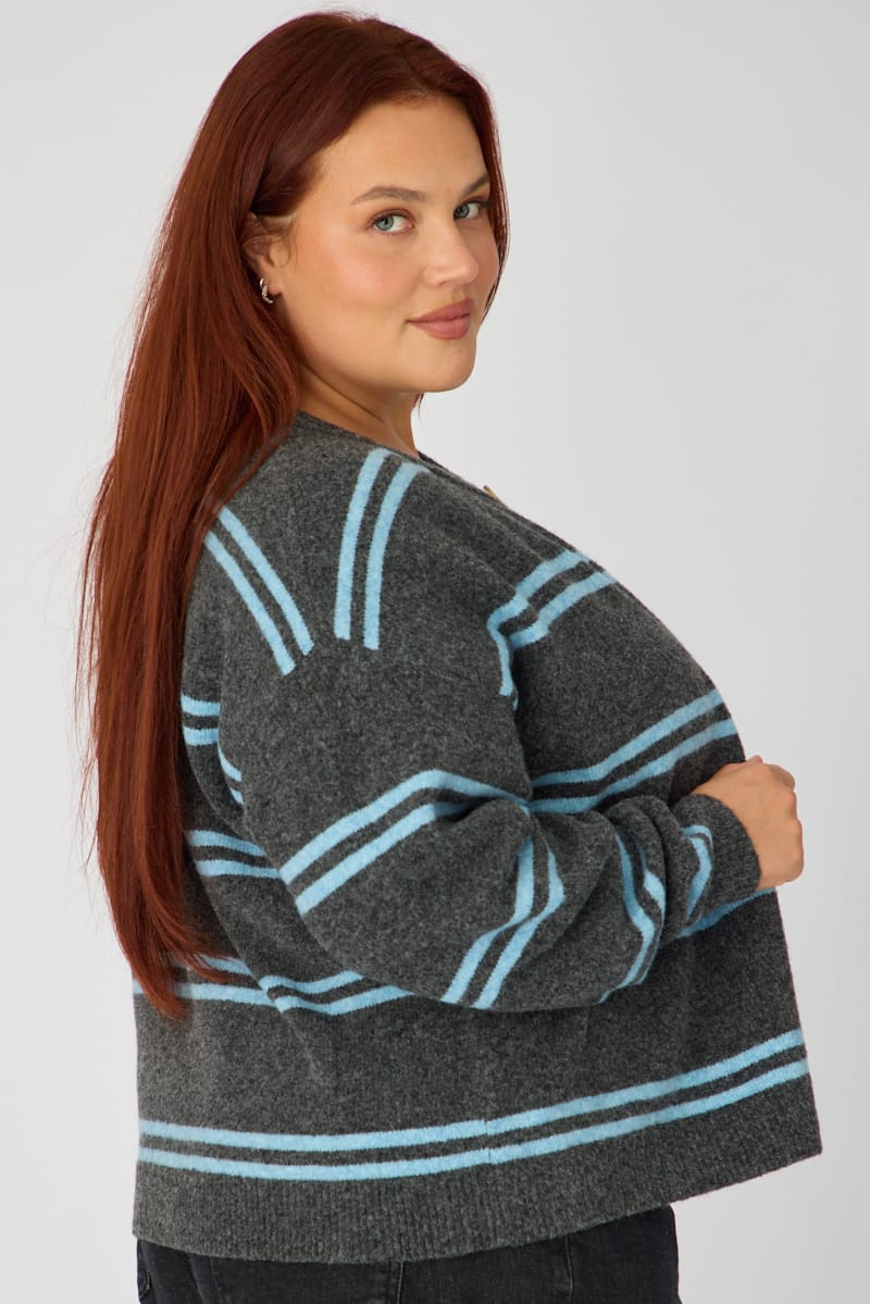 Grey Stripe Knit Cardigan Long Sleeve Button Front for YouandAll Fashion