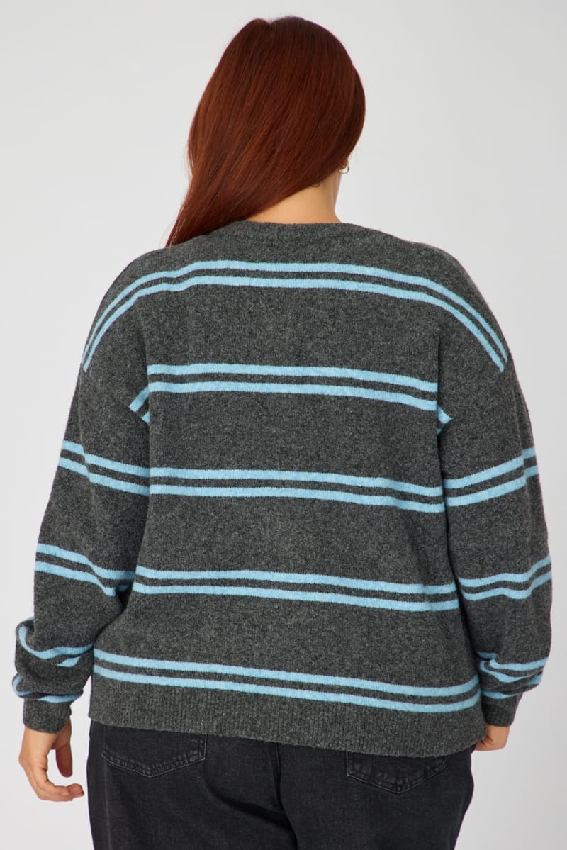 Grey Stripe Knit Cardigan Long Sleeve Button Front for YouandAll Fashion