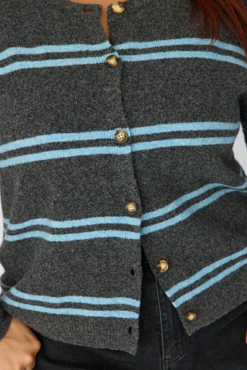 Grey Stripe Knit Cardigan Long Sleeve Button Front for YouandAll Fashion
