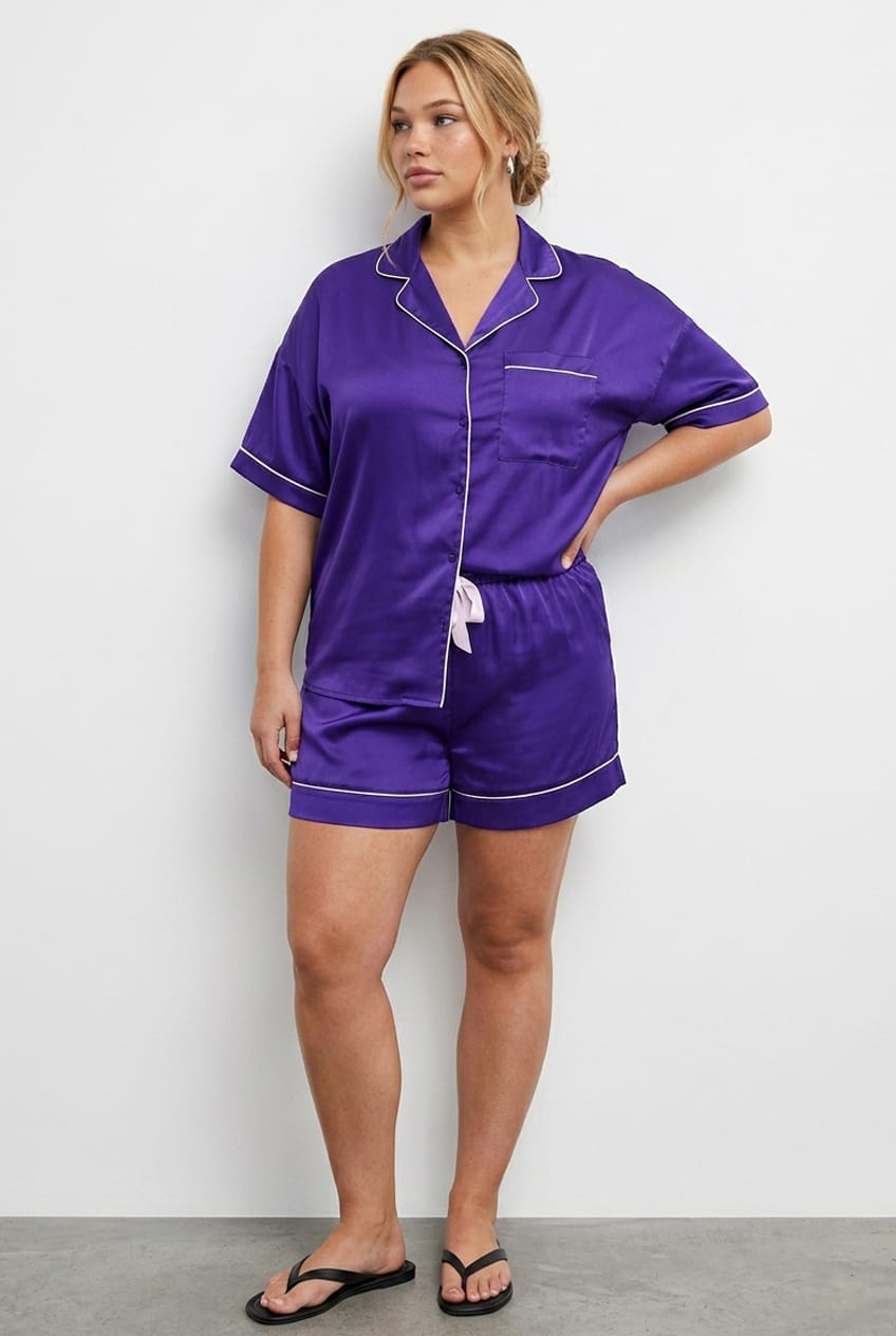 Purple Pyjamas Set Short Sleeve Collared Shorts Satin