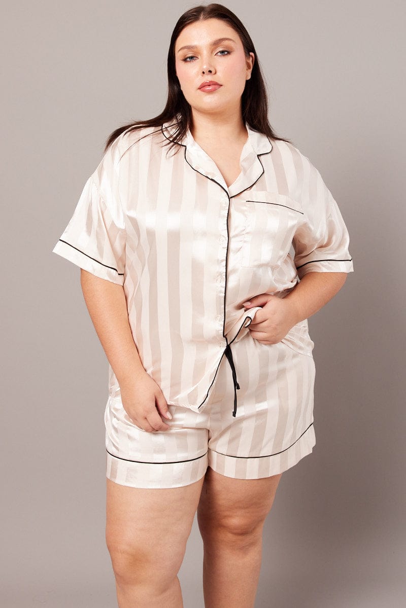 White Stripe Satin Jacquard Stripe Pyjama Pj 2 Piece Set for YouandAll Fashion