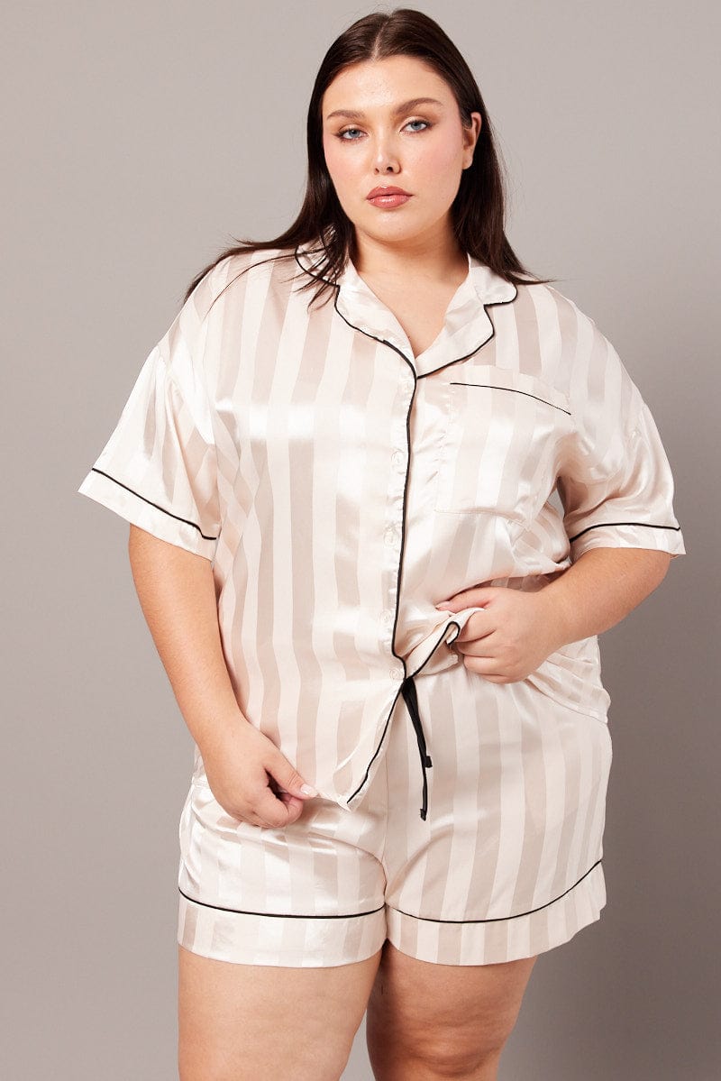White Stripe Satin Jacquard Stripe Pyjama Pj 2 Piece Set for YouandAll Fashion