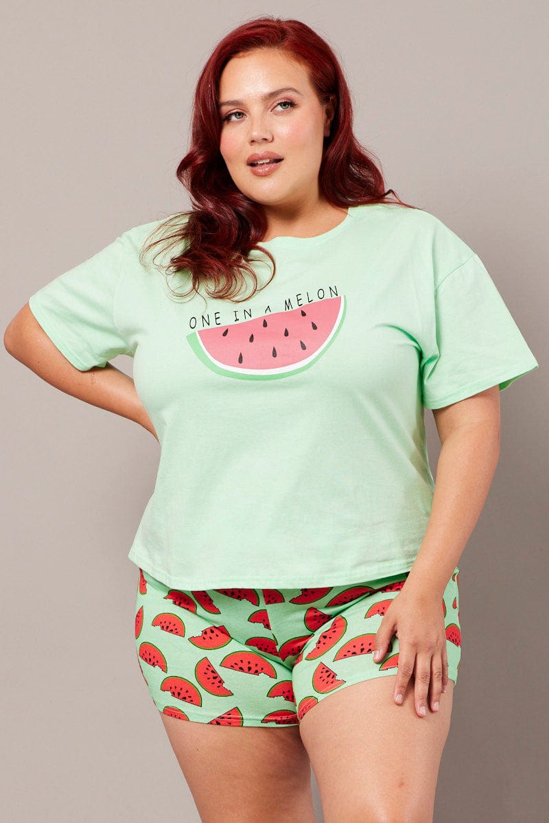 Green Print Graphic Pyjama Set Cute Melon Print PJ for YouandAll Fashion