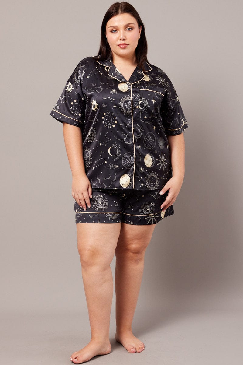 Black Print PJ Set Celestial Satin Contrast Piping Pyjama Set for YouandAll Fashion