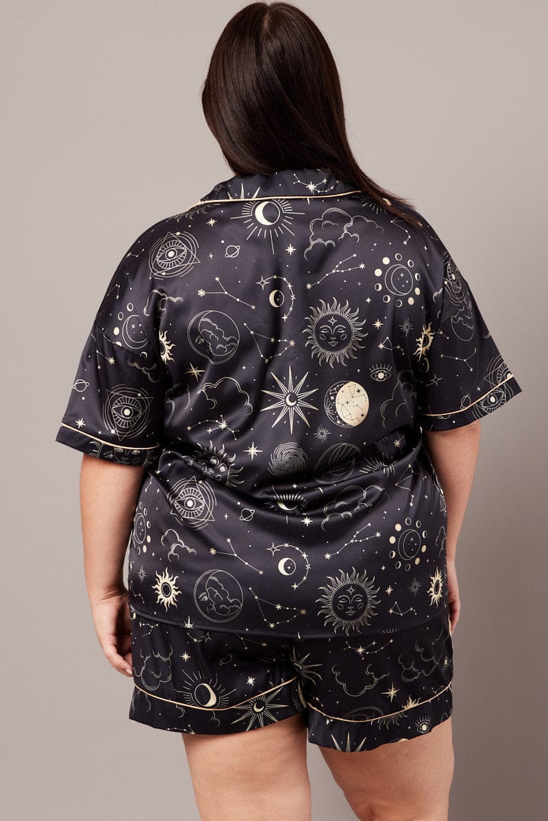 Black Print PJ Set Celestial Satin Contrast Piping Pyjama Set for YouandAll Fashion