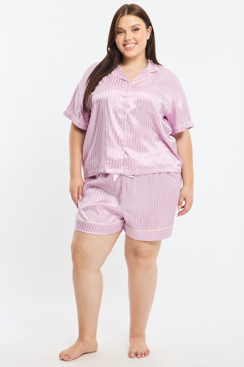 Purple Stripe Pyjamas Set Short Sleeve Satin Jacquard for YouandAll Fashion