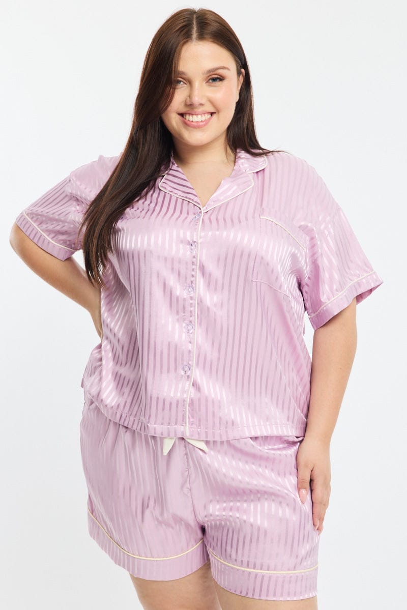 Purple Stripe Pyjamas Set Short Sleeve Satin Jacquard for YouandAll Fashion