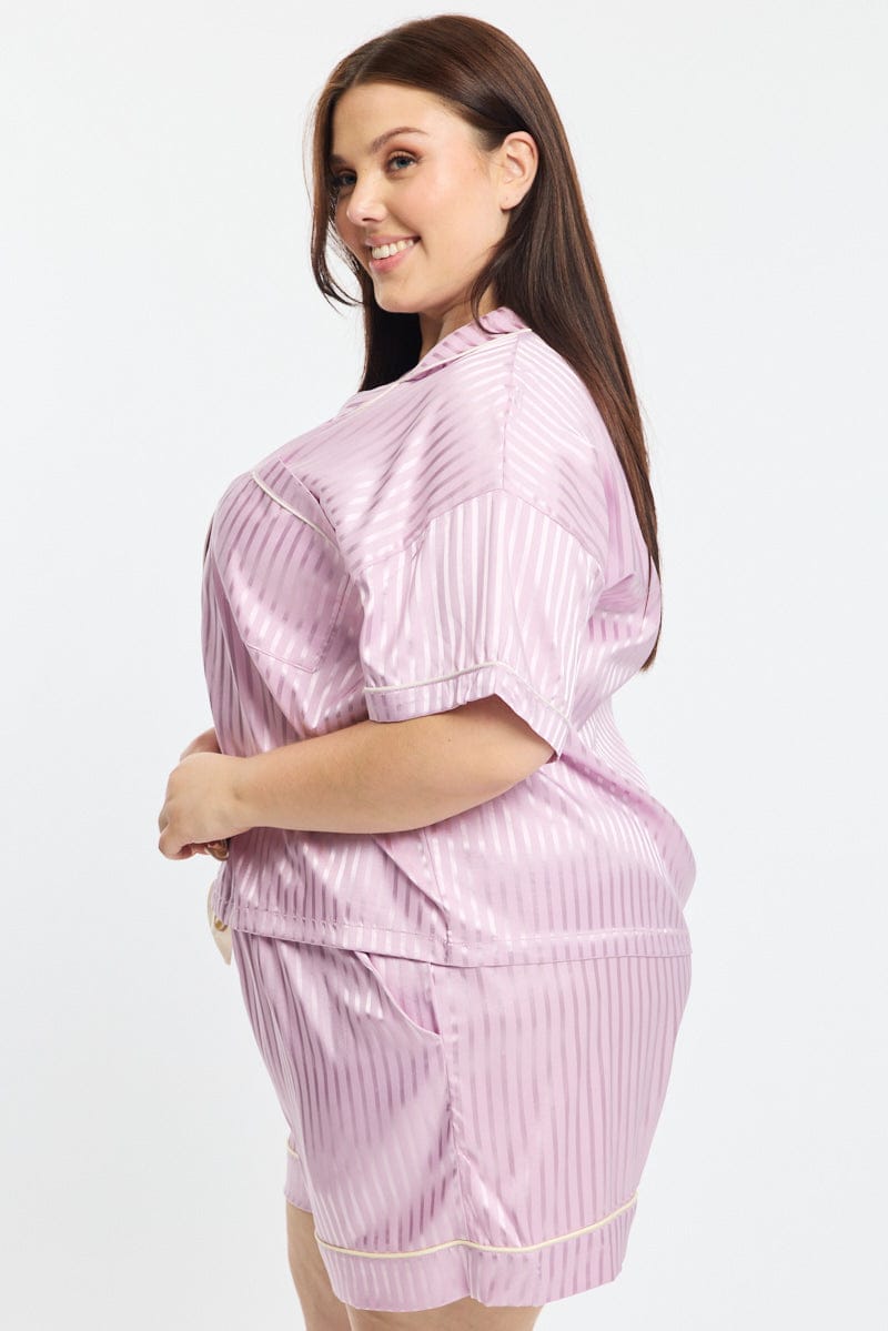 Purple Stripe Pyjamas Set Short Sleeve Satin Jacquard for YouandAll Fashion