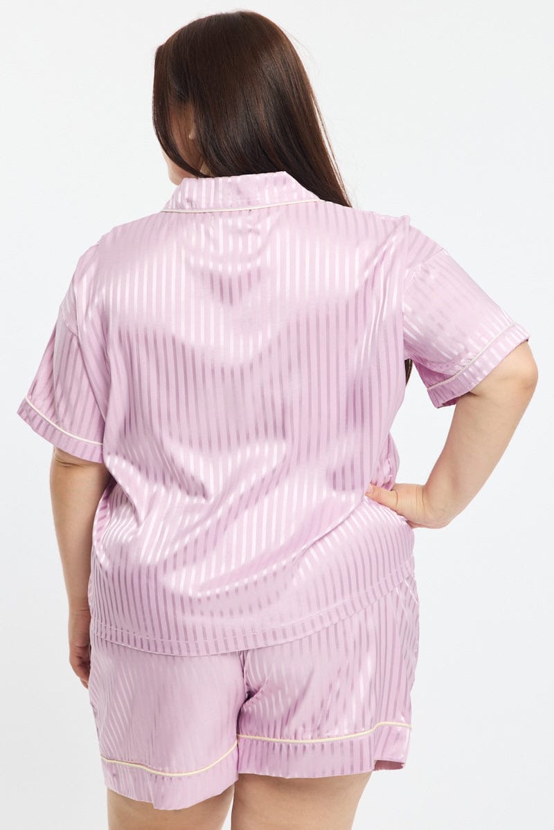 Purple Stripe Pyjamas Set Short Sleeve Satin Jacquard for YouandAll Fashion