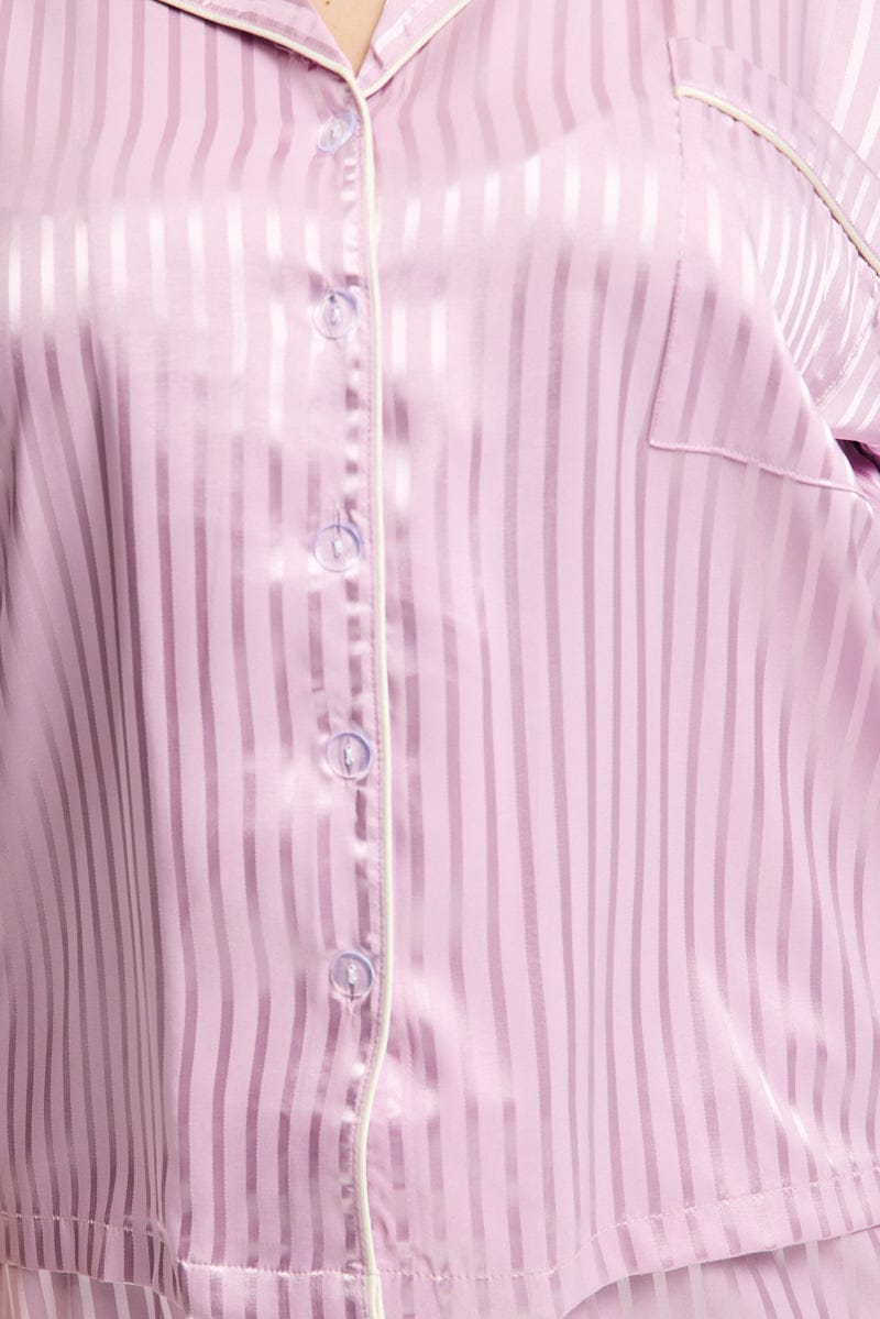 Purple Stripe Pyjamas Set Short Sleeve Satin Jacquard for YouandAll Fashion
