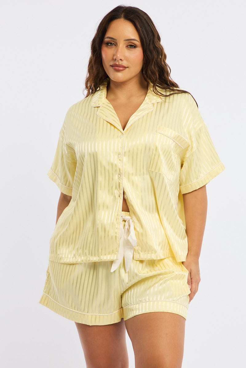 Yellow Stripe Pyjamas Set Short Sleeve Satin Jacquard for YouandAll Fashion