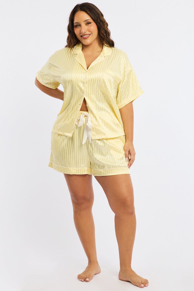 Yellow Stripe Pyjamas Set Short Sleeve Satin Jacquard for YouandAll Fashion