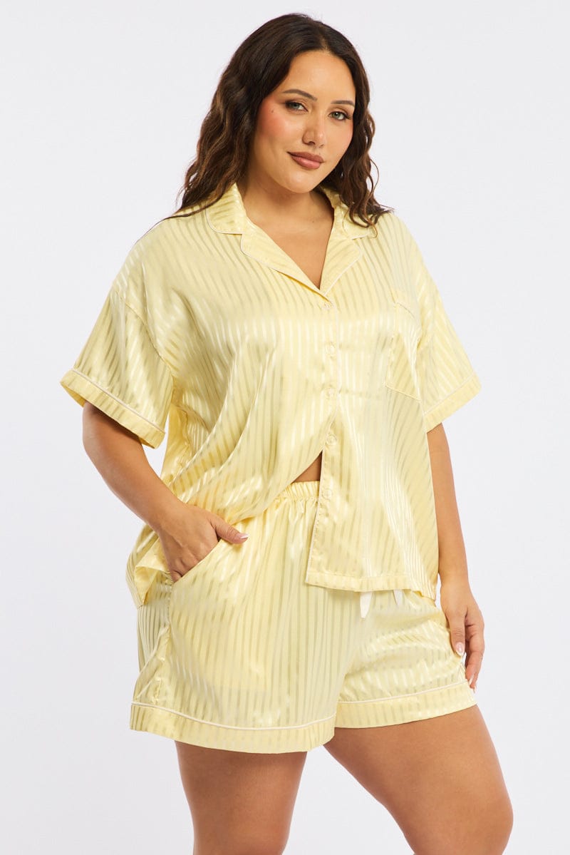 Yellow Stripe Pyjamas Set Short Sleeve Satin Jacquard for YouandAll Fashion