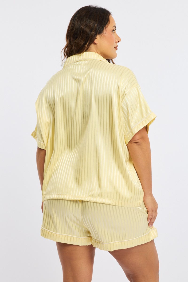 Yellow Stripe Pyjamas Set Short Sleeve Satin Jacquard for YouandAll Fashion