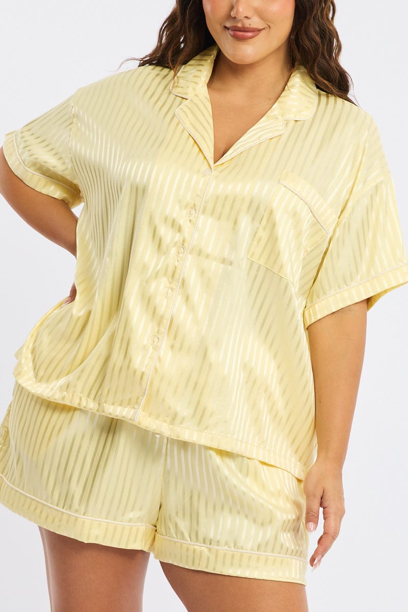 Yellow Stripe Pyjamas Set Short Sleeve Satin Jacquard for YouandAll Fashion