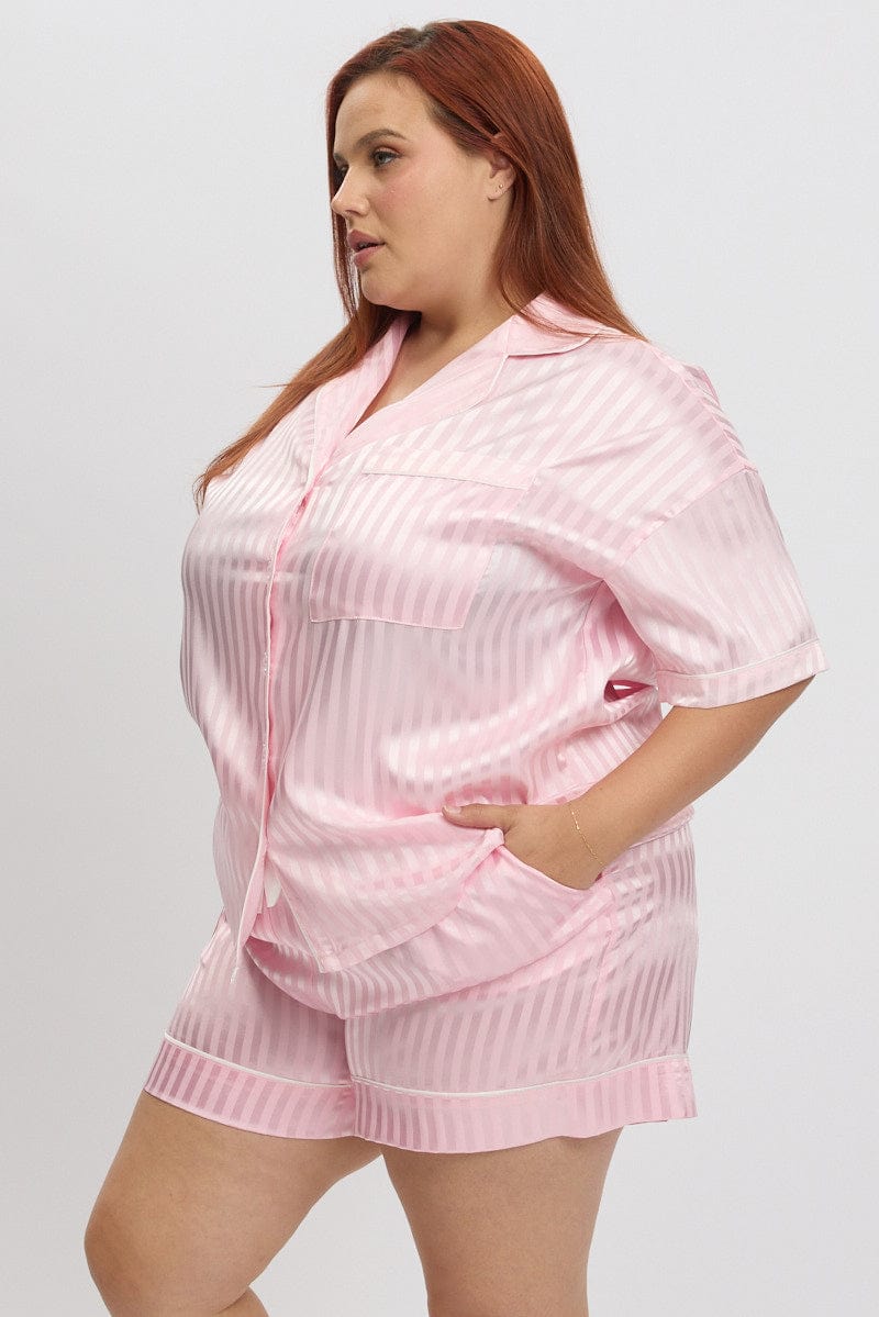 Pink Stripe Satin Pyjamas Set Short Sleeve for YouandAll Fashion