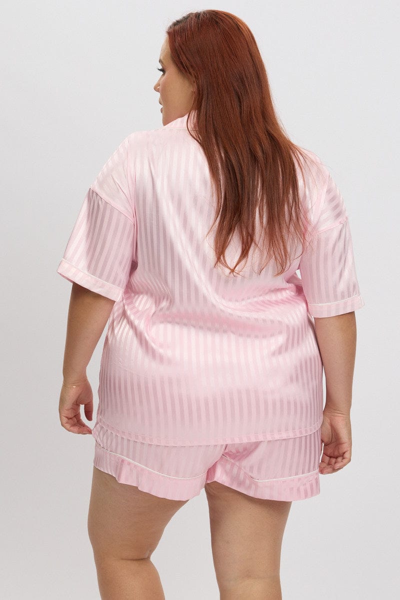 Pink Stripe Satin Pyjamas Set Short Sleeve for YouandAll Fashion