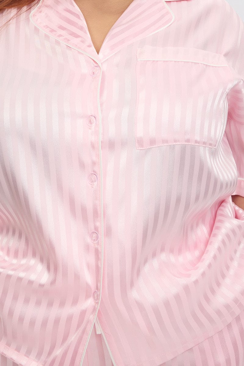 Pink Stripe Satin Pyjamas Set Short Sleeve for YouandAll Fashion