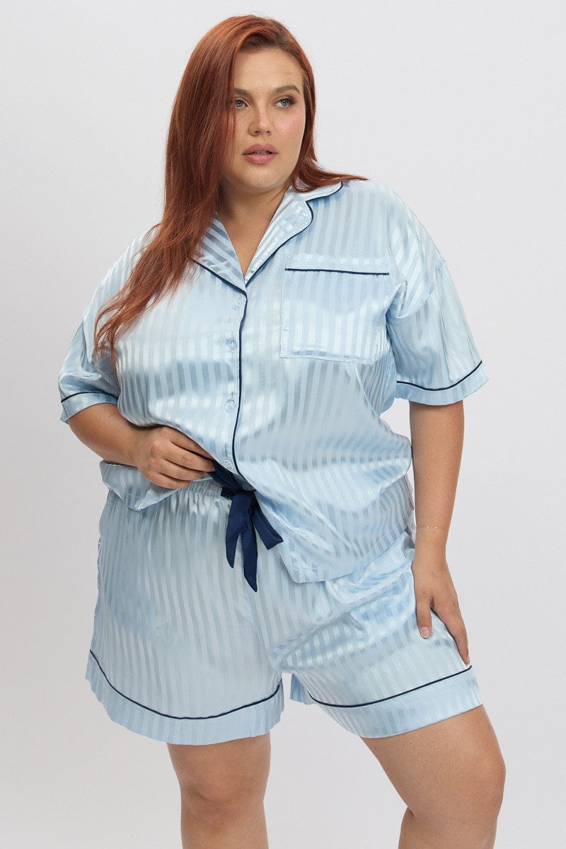 Blue Stripe Satin Pyjamas Set Short Sleeve for YouandAll Fashion