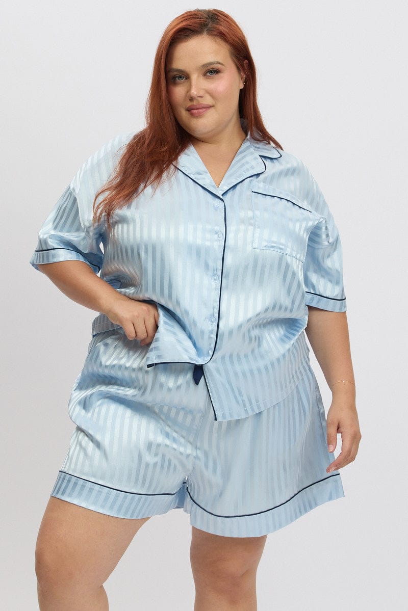 Blue Stripe Satin Pyjamas Set Short Sleeve for YouandAll Fashion