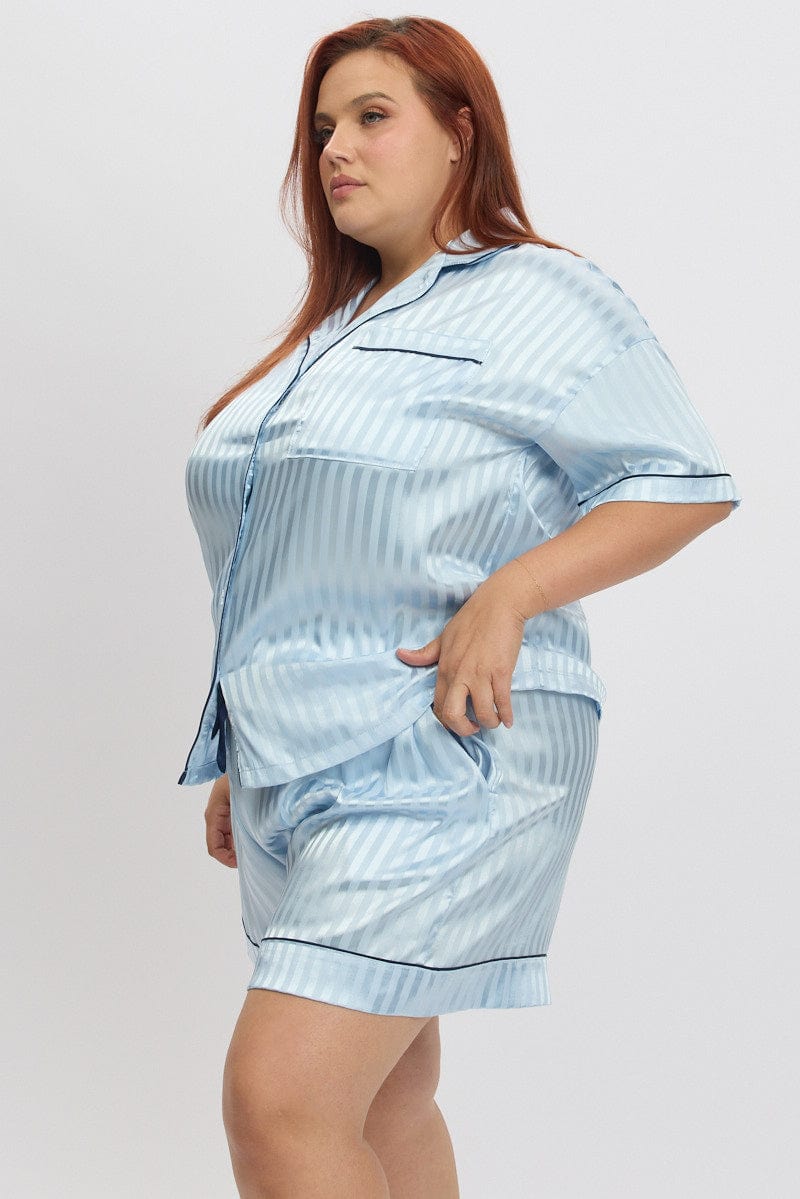 Blue Stripe Satin Pyjamas Set Short Sleeve for YouandAll Fashion