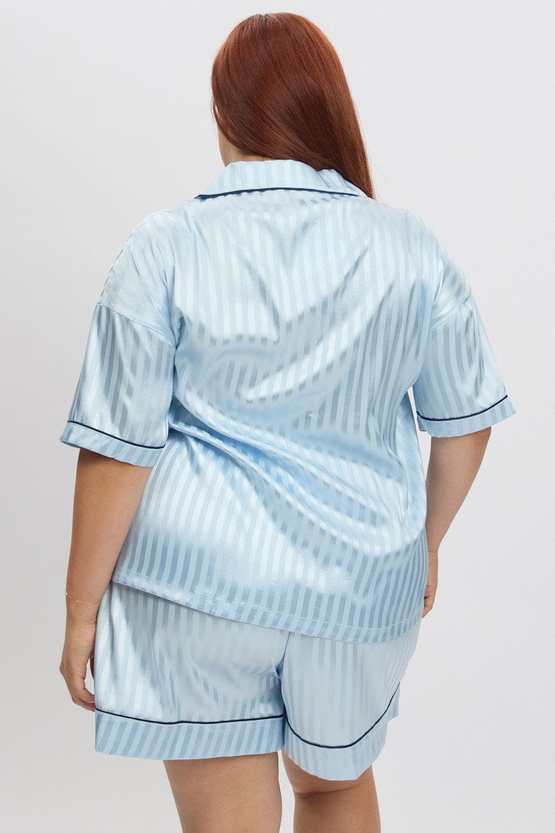 Blue Stripe Satin Pyjamas Set Short Sleeve for YouandAll Fashion