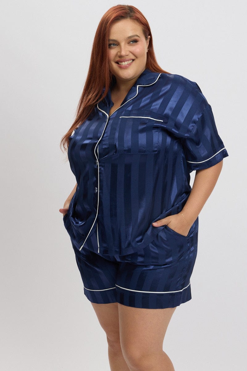 Blue Stripe Satin Pajamas Set Short Sleeve for YouandAll Fashion