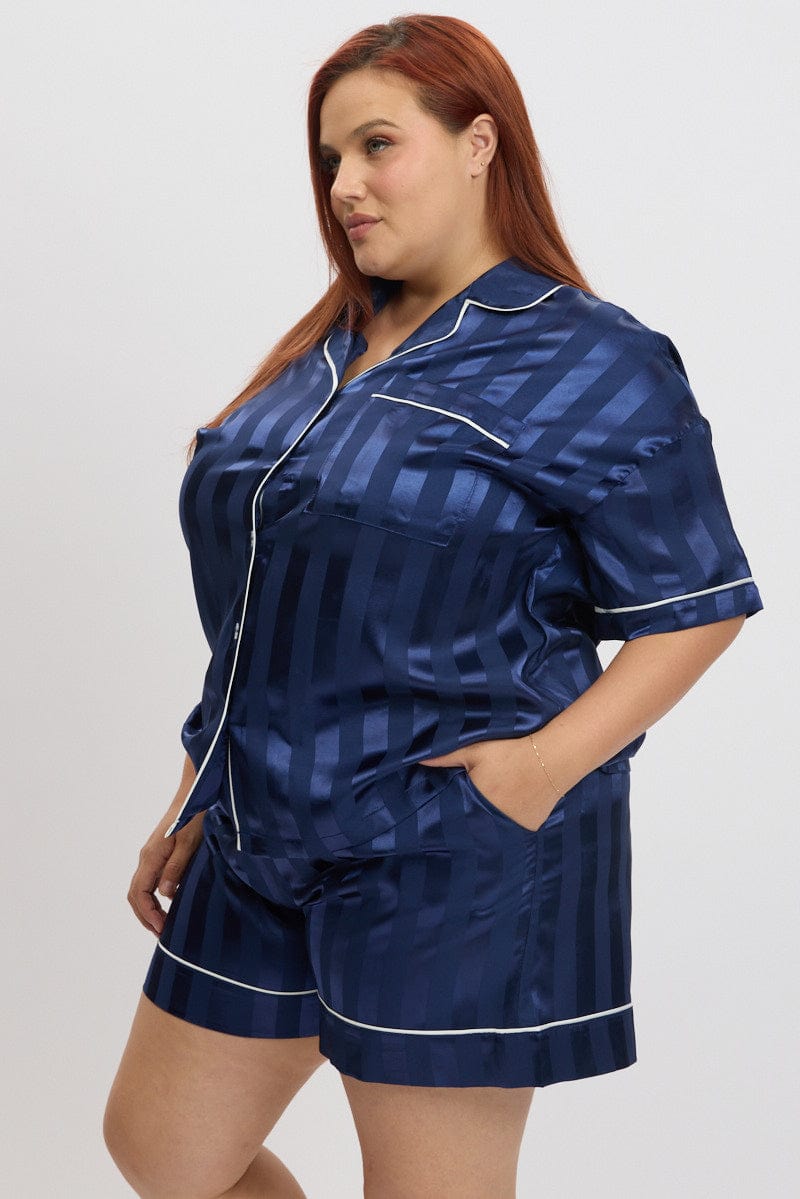 Blue Stripe Satin Pajamas Set Short Sleeve for YouandAll Fashion