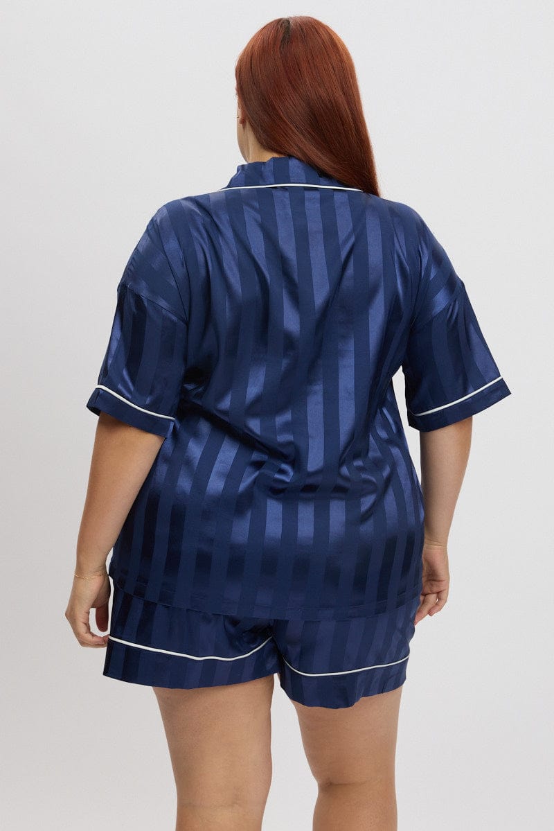 Blue Stripe Satin Pajamas Set Short Sleeve for YouandAll Fashion