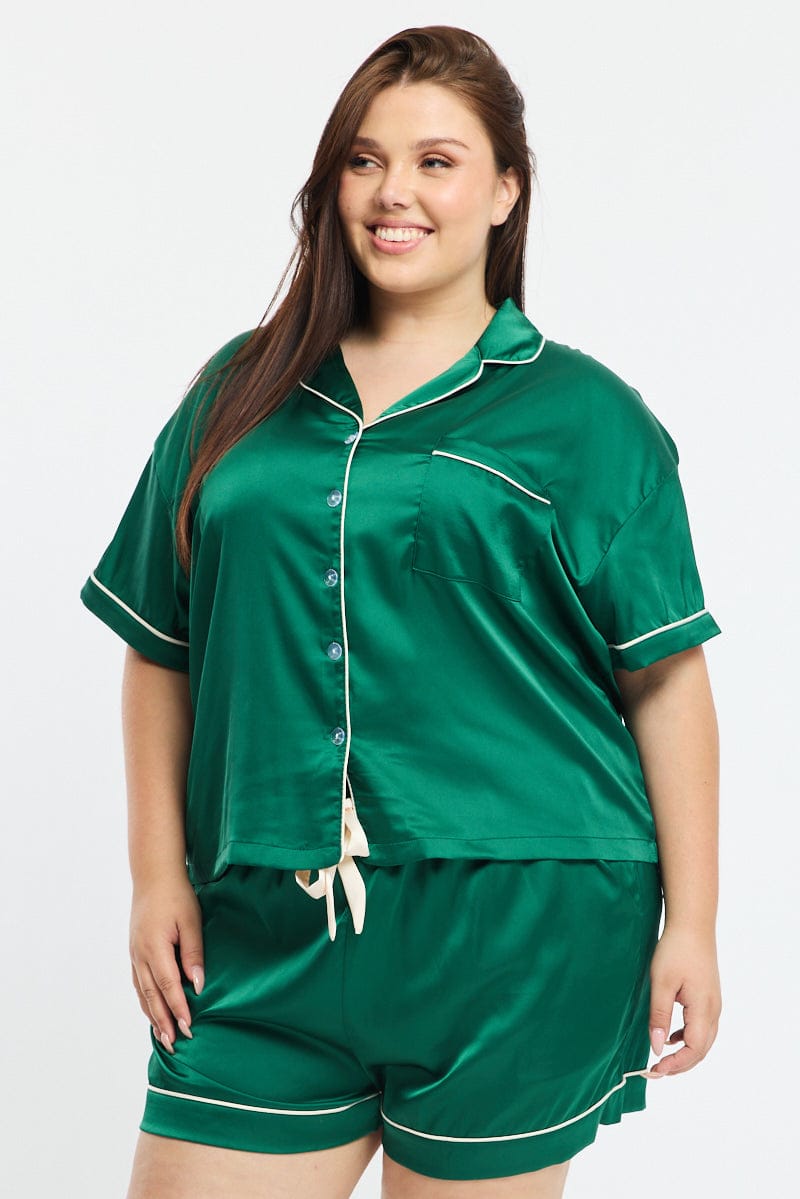 Green Satin Pyjamas Set Short Sleeve for YouandAll Fashion