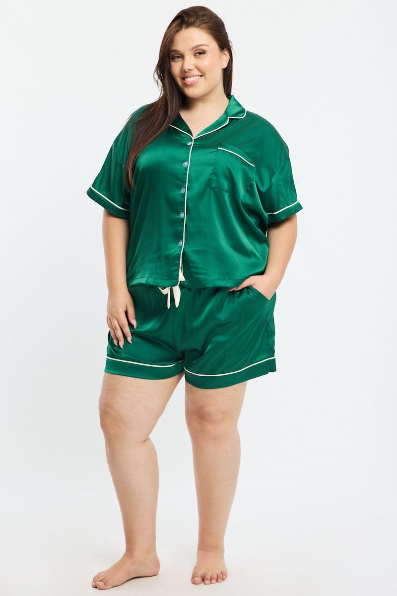 Green Satin Pyjamas Set Short Sleeve for YouandAll Fashion