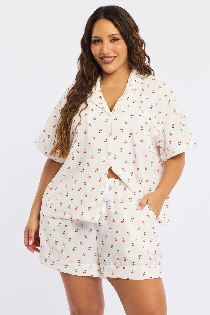 White Ditsy Pyjamas Set Short Sleeve Cherry Motif for YouandAll Fashion