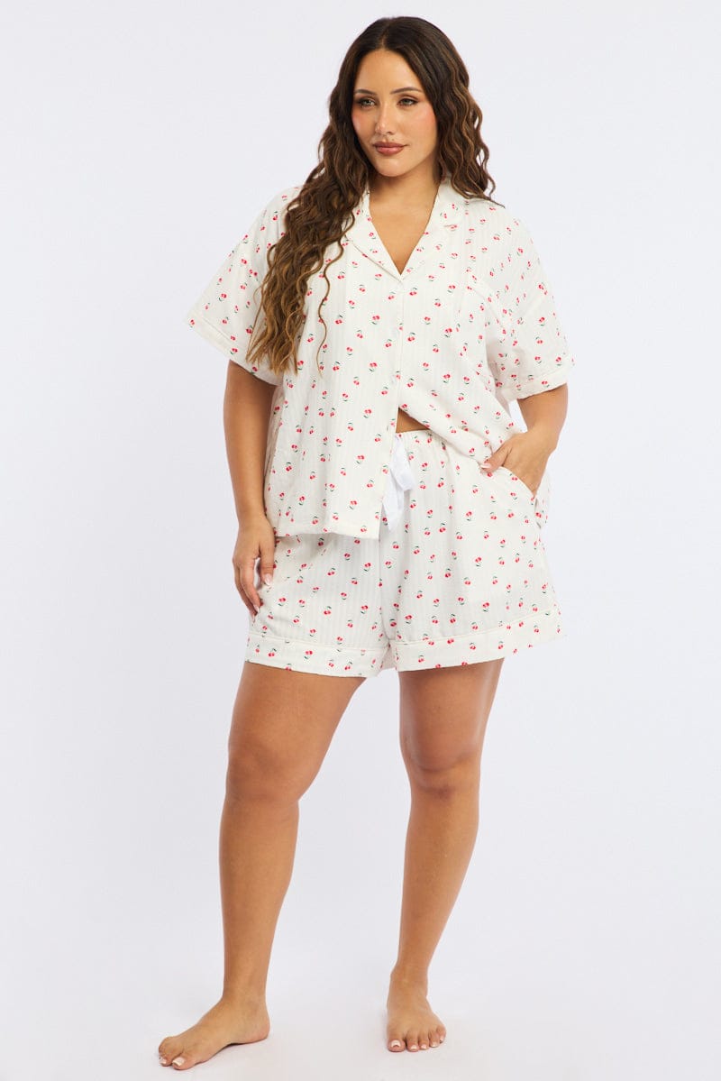 White Ditsy Pyjamas Set Short Sleeve Cherry Motif for YouandAll Fashion