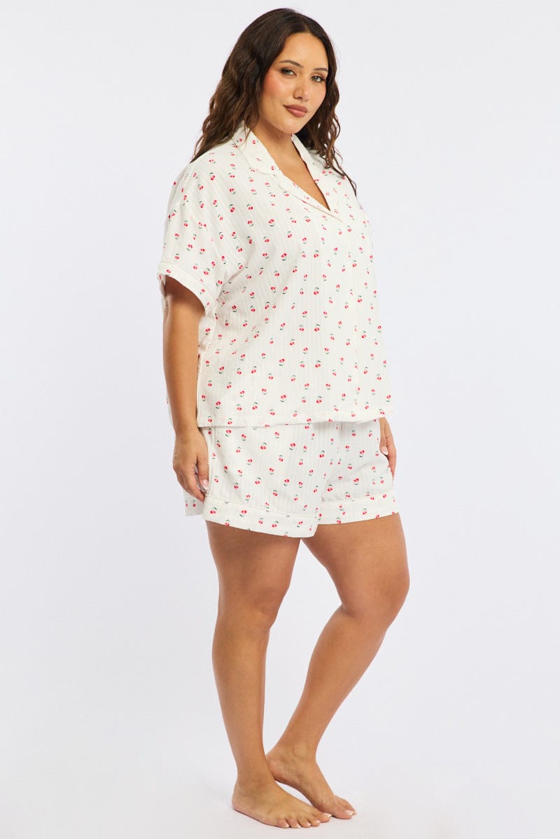 White Ditsy Pyjamas Set Short Sleeve Cherry Motif for YouandAll Fashion