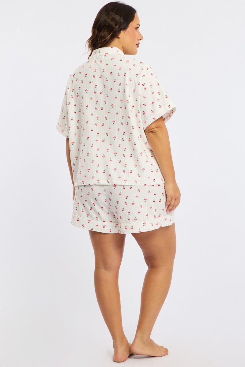 White Ditsy Pyjamas Set Short Sleeve Cherry Motif for YouandAll Fashion