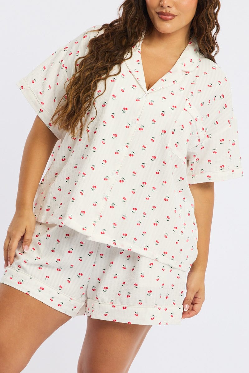 White Ditsy Pyjamas Set Short Sleeve Cherry Motif for YouandAll Fashion