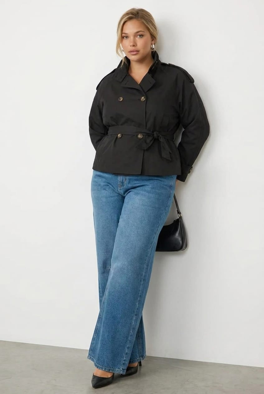 Black Trench Jacket Funnel Neck Belted