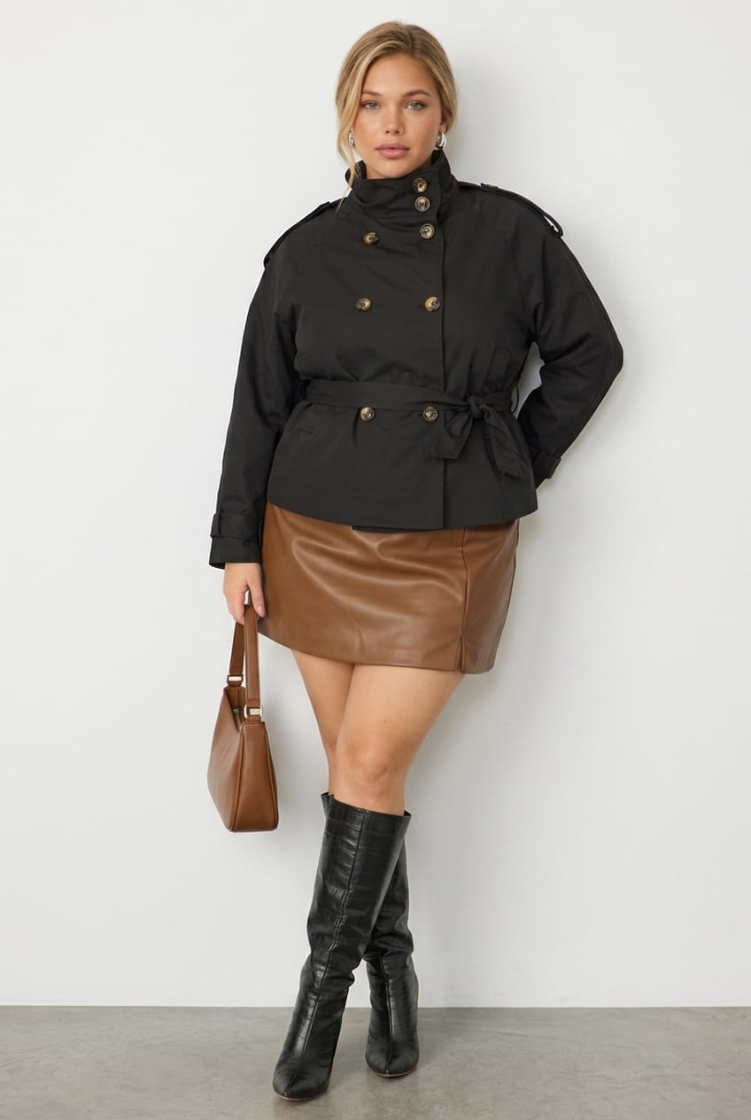 Black Trench Jacket Funnel Neck Belted for YouandAll Fashion