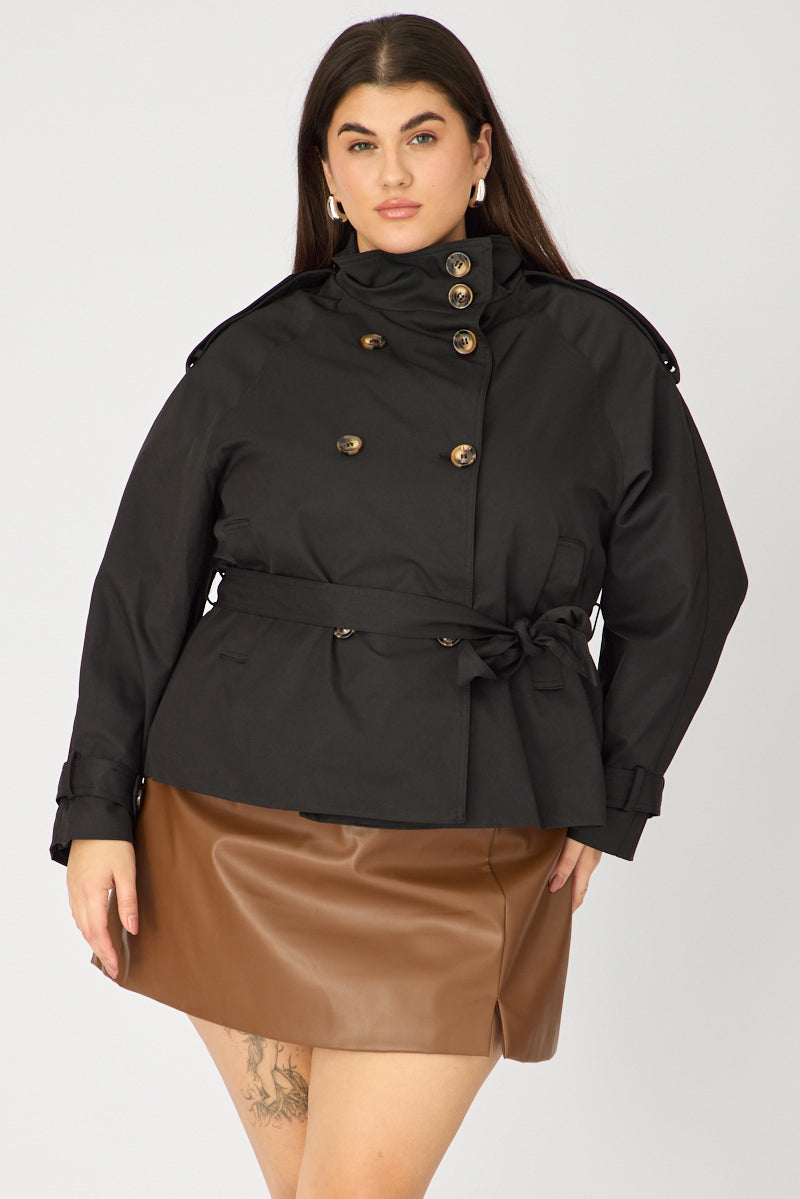 Black Trench Jacket Funnel Neck Belted for YouandAll Fashion