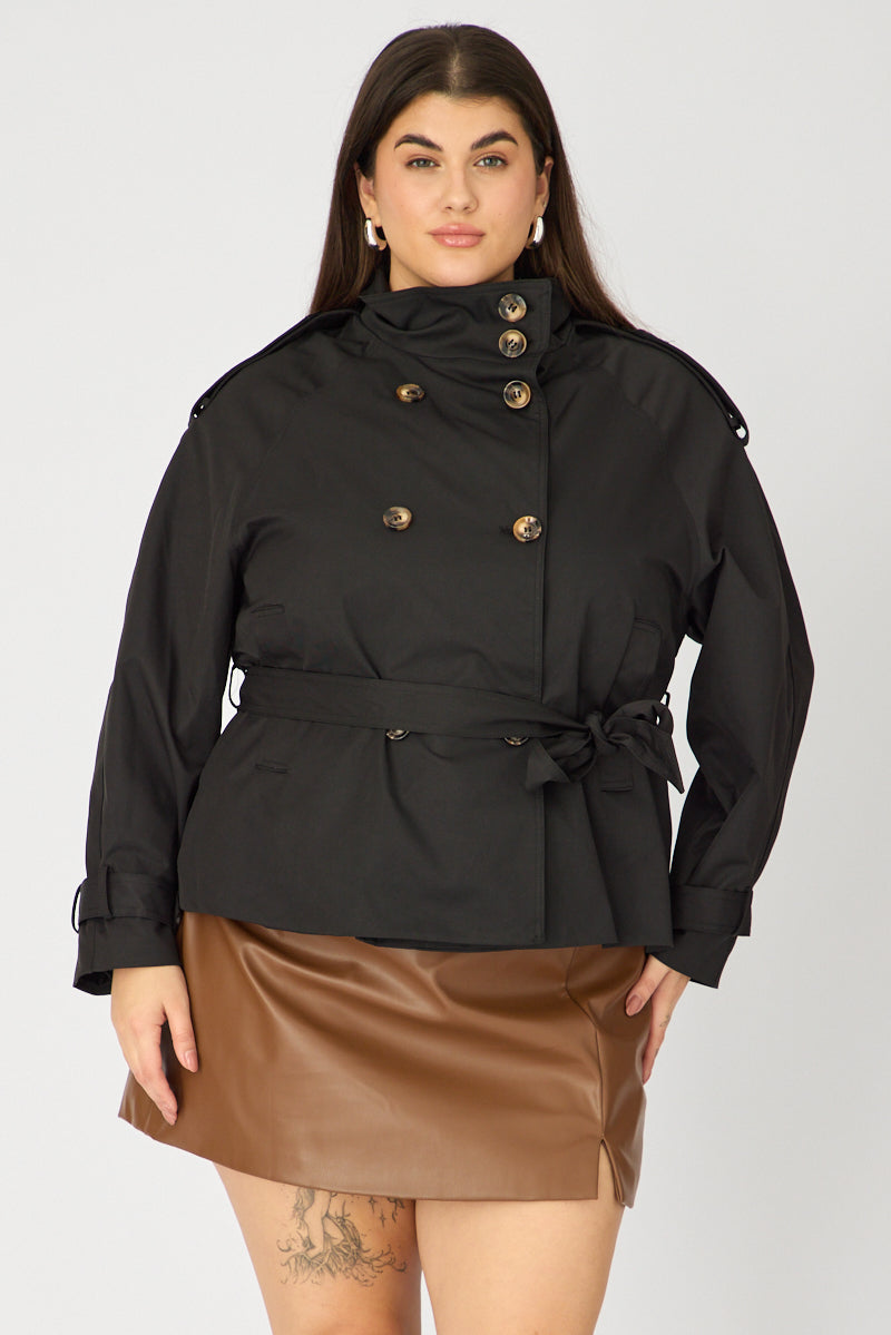 Black Trench Jacket Funnel Neck Belted for YouandAll Fashion