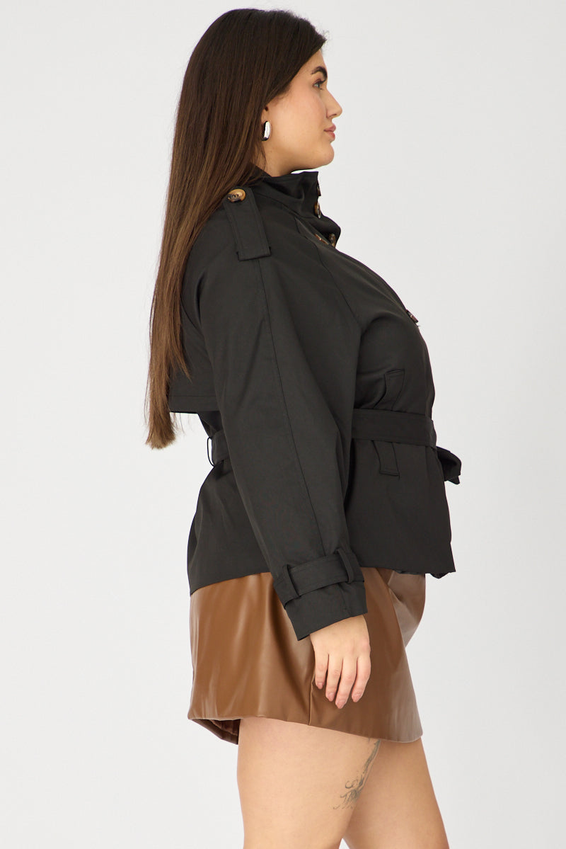 Black Trench Jacket Funnel Neck Belted for YouandAll Fashion