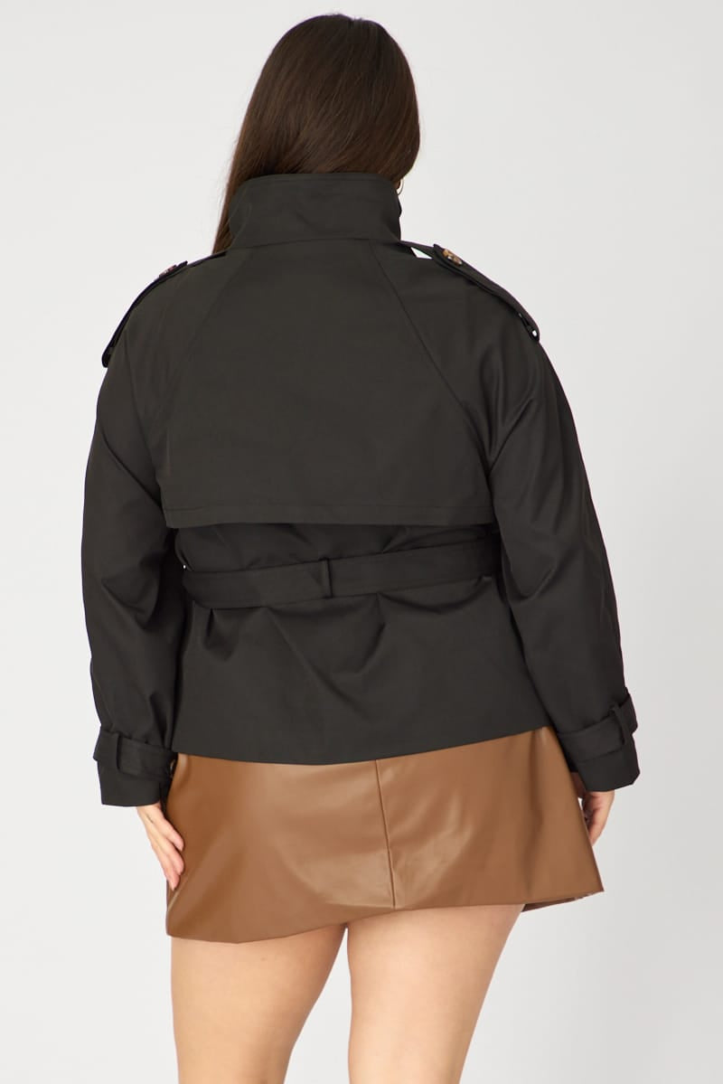 Black Trench Jacket Funnel Neck Belted for YouandAll Fashion
