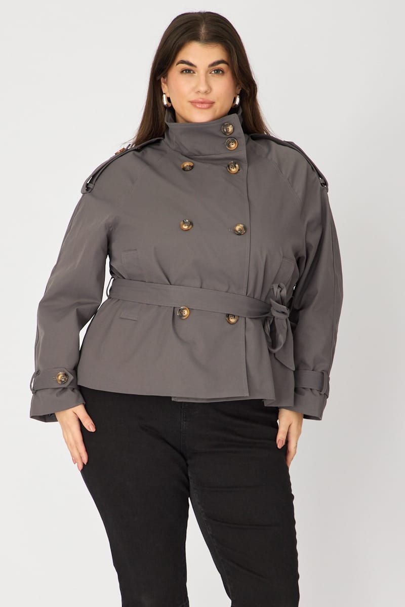 Grey Trench Jacket Funnel Neck Belted for YouandAll Fashion