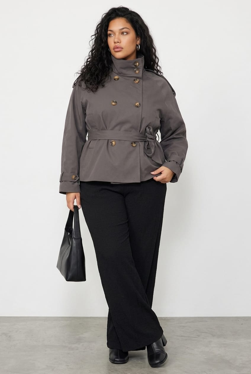 Grey Trench Jacket Funnel Neck Belted for YouandAll Fashion