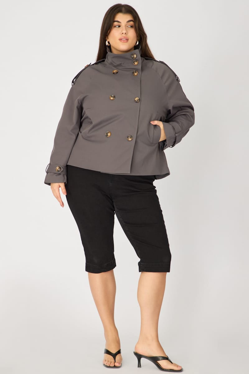Grey Trench Jacket Funnel Neck Belted for YouandAll Fashion