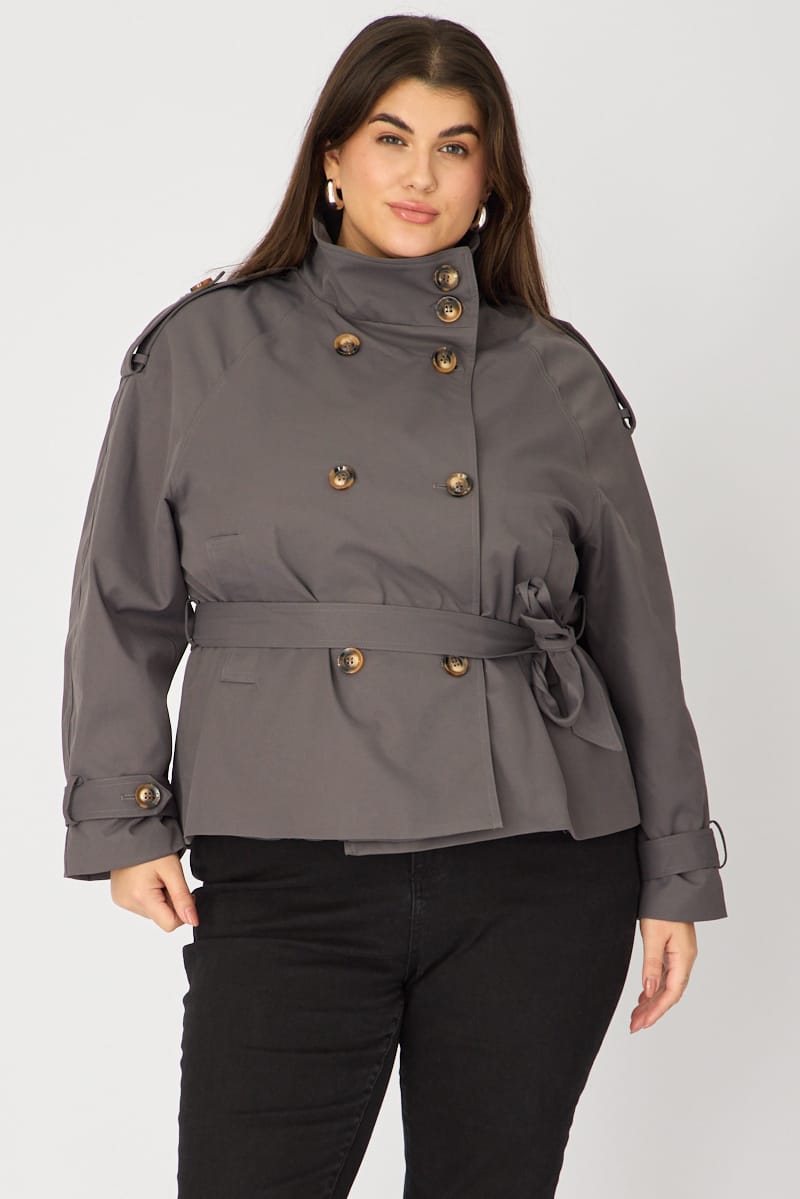 Grey Trench Jacket Funnel Neck Belted for YouandAll Fashion
