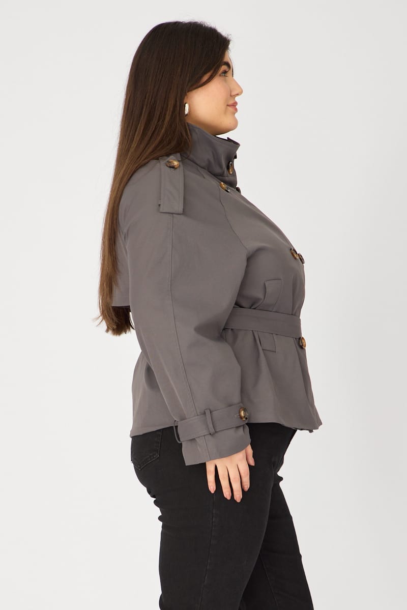 Grey Trench Jacket Funnel Neck Belted for YouandAll Fashion