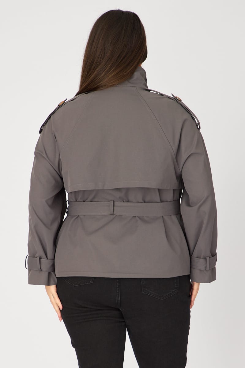 Grey Trench Jacket Funnel Neck Belted for YouandAll Fashion