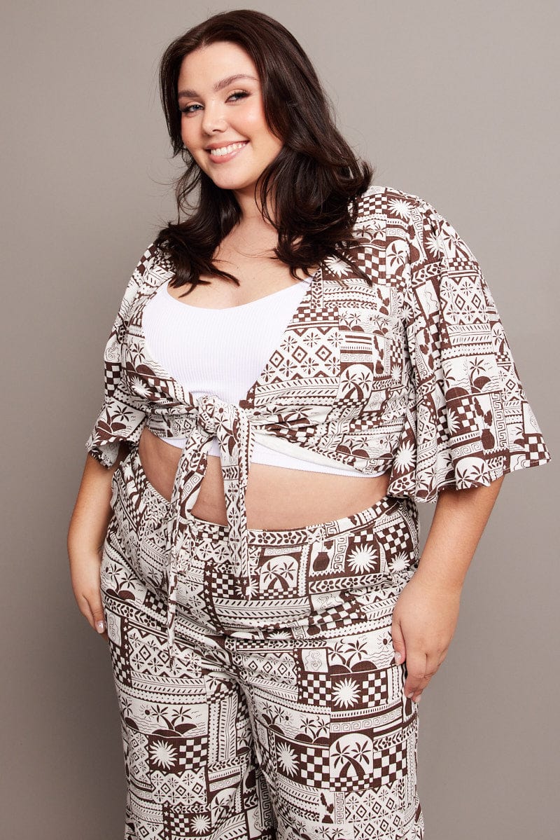 Brown Abstract Tie Flare Sleeve Linen Blend Bolero Jacket You All